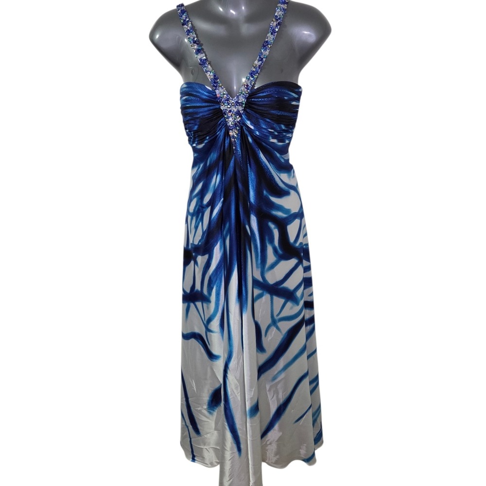 Cache Beaded Halter Evening Gown Blue White Abstract Print‎ Prom Dress Size 2